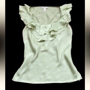 KENAR GREEN SATIN SILKY RUFFLED NECK SLEEVELESS TOP SIZE LARGE TANK